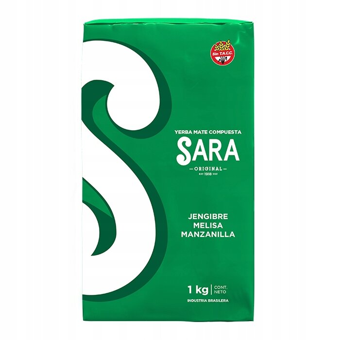 Opakowanie Yerba Mate Compuesta Sara w kolorze zielonym z białymi napisami: \'Yerba Mate Compuesta Sara Original Est 1918\', \'Jengibre Melisa Manzanilla\', \'1 kg Cont. Neto Industria Brasilera\'.
