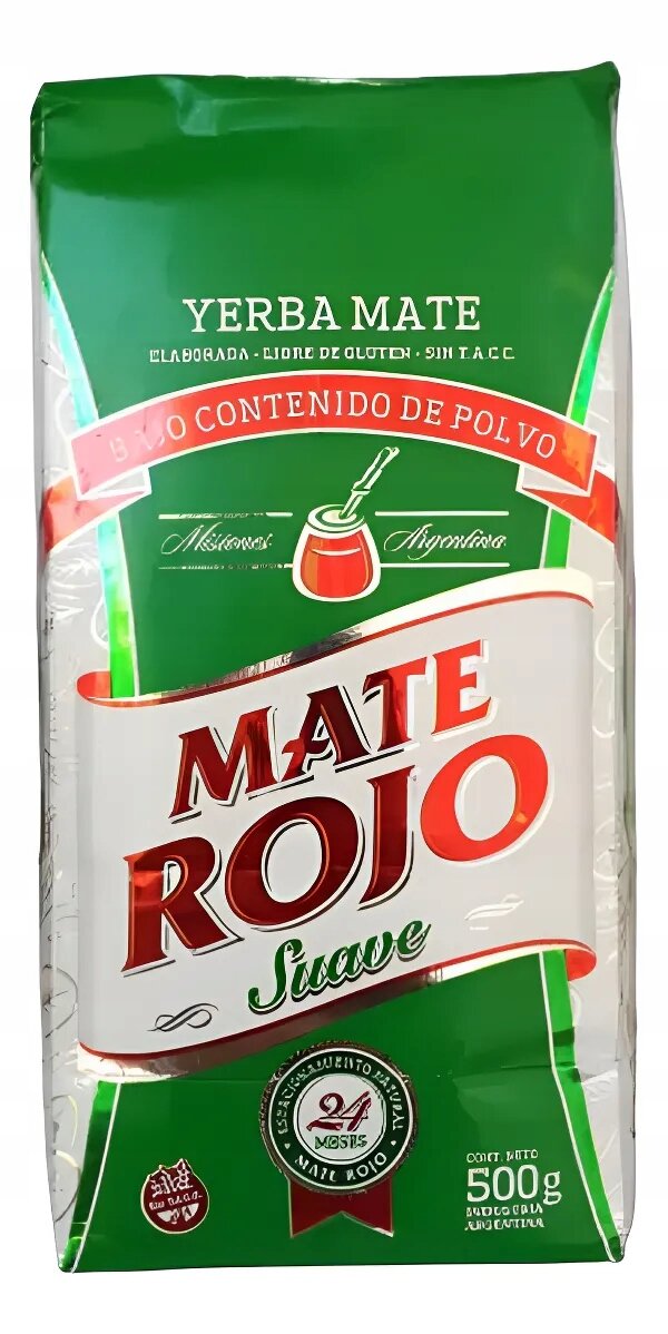Opakowanie Yerba Mate Rojo Suave 500g z zielonym tłem i czerwonymi oraz białymi napisami. Widoczny tekst: \'YERBA MATE\', \'BAJO CONTENIDO DE POLVO\', \'MATE ROJO Suave\', \'500g\'.