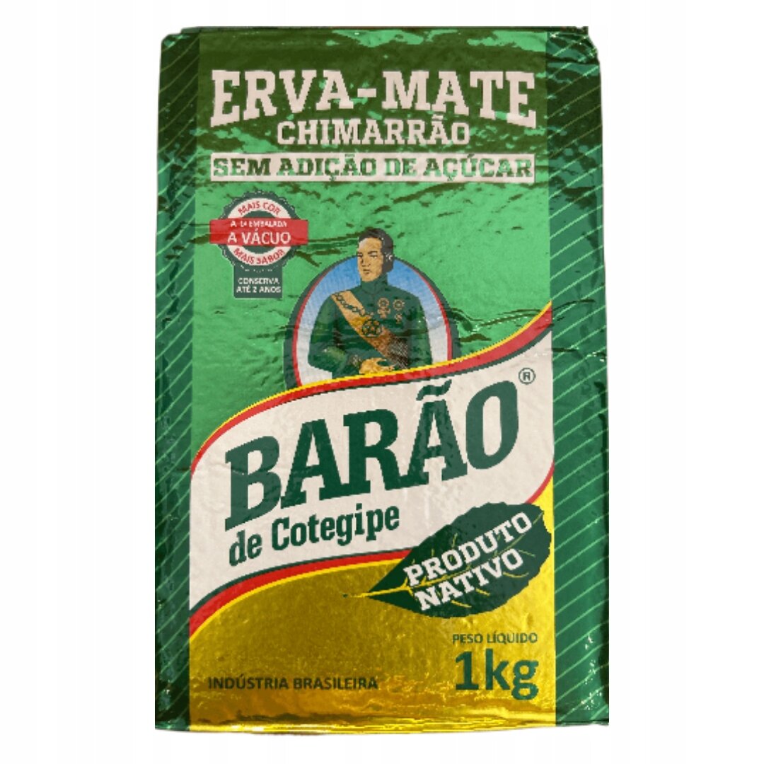 Opakowanie zielonej yerba mate z napisem \'ERVA-MATE CHIMARRÃO SEM ADIÇÃO DE AÇÚCAR\'. Widoczny jest również napis \'BARÃO de Cotegipe PRODUTO NATIVO\' oraz waga \'1kg\'.
