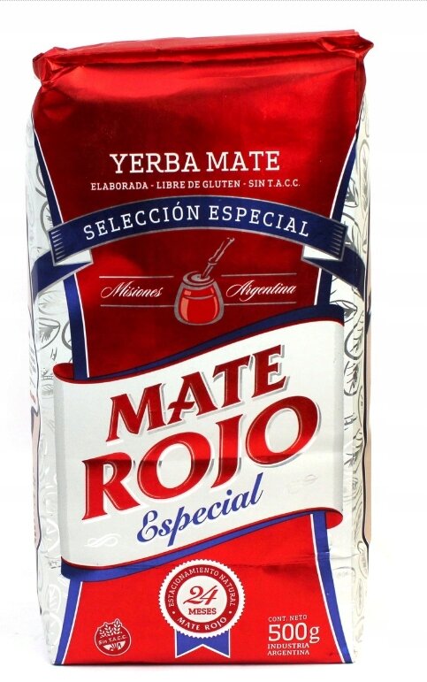 Opakowanie Yerba Mate Rojo Especial 500g w kolorze czerwonym z białymi i niebieskimi elementami, zawiera napisy: \'YERBA MATE\', \'SELECCIÓN ESPECIAL\', \'MATE ROJO Especial\', \'24 MESES\', \'CONT. NETO 500g\', \'INDUSTRIA ARGENTINA\'.