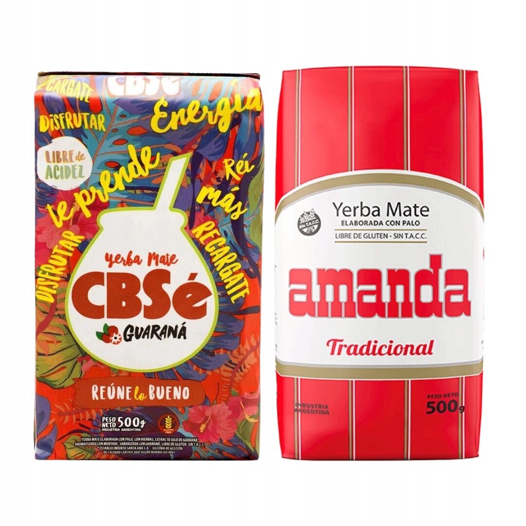 Na obrazie widoczne są dwa opakowania yerba mate. Pierwsze opakowanie to CBSe Guaraná z kolorowym tłem i napisem \'Energía\', drugie to Amanda Tradicional w czerwono-białym opakowaniu z napisem \'Yerba Mate\'.