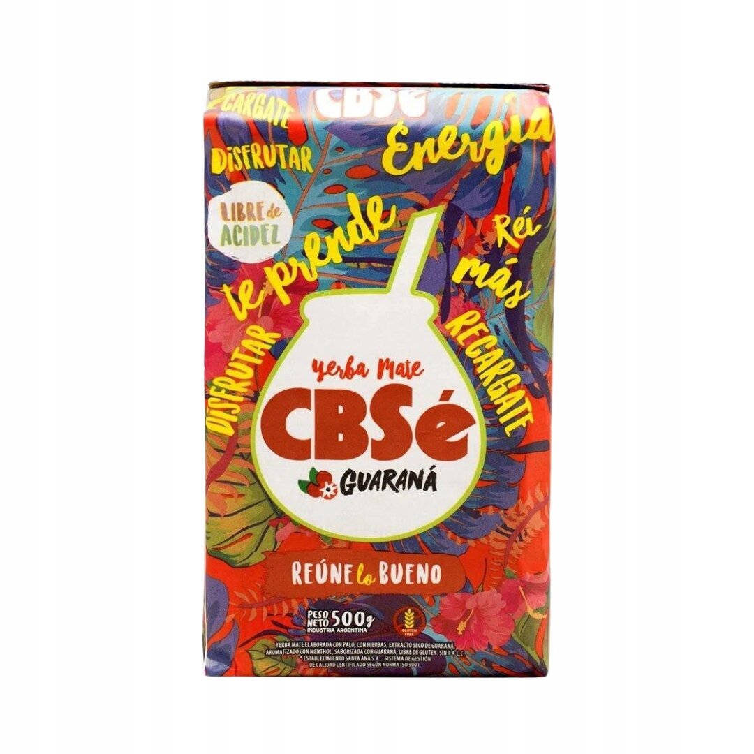 Opakowanie Yerba Mate CBSe Guarana z kolorowym tłem i napisami: \'Energía\', \'Disfrutar\', \'Libre de Acidez\', \'Te prende\', \'Reúne lo Bueno\'. W dolnej części widnieje informacja \'Peso Neto 500g\'.