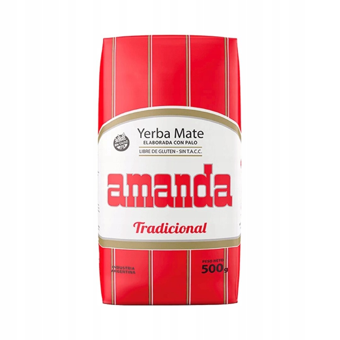 Opakowanie Yerba Mate Amanda Tradicional o wadze netto 500 g, z czerwonymi i białymi paskami oraz napisem \'Yerba Mate Elaborada Con Palo Libre de Gluten - Sin T.A.C.C.\'.