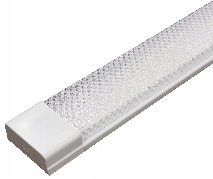 Na obrazie widoczna jest długa, prostokątna świetlówka LED z białą obudową i przezroczystą osłoną o strukturze siatki. Produkt ma nowoczesny design i jest przeznaczony do montażu natynkowego.