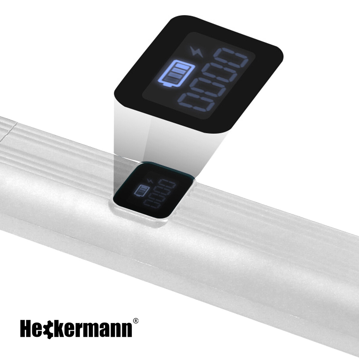 Biała elektryczna packa na owady z wyświetlaczem pokazującym ikonę baterii i cyfry 0000. Na produkcie widoczne jest logo \'Heckermann\'.