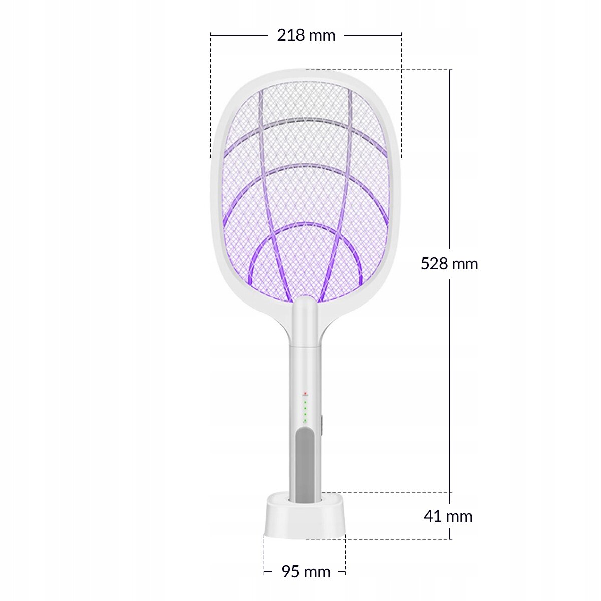 Elektryczna packa na owady z fioletową siatką, o wymiarach 218 mm szerokości, 528 mm wysokości, 95 mm podstawy i 41 mm grubości. Produkt jest biały i stoi na podstawce.