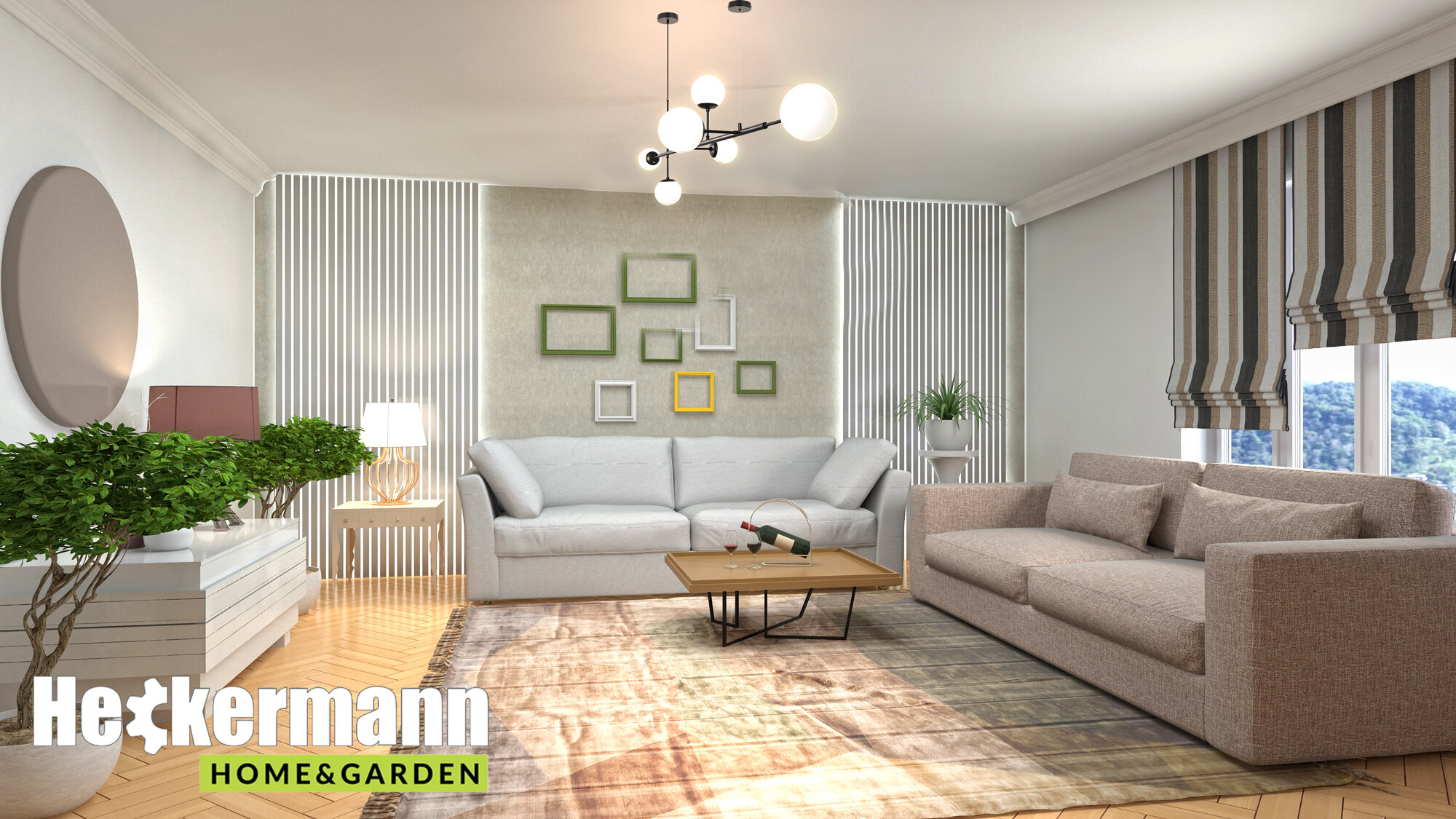 W salonie znajduje się nowoczesna lampa sufitowa z kilkoma kulistymi kloszami. Na ścianie widoczne jest logo \'Heckermann Home & Garden\'.