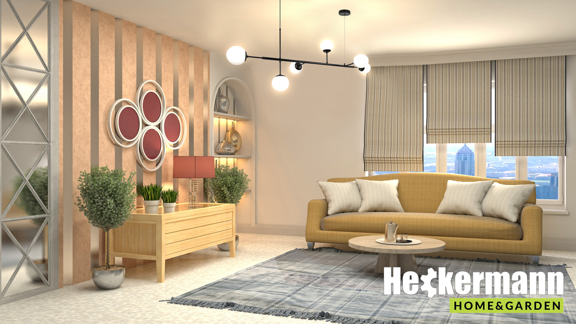 Wnętrze salonu z nowoczesną lampą sufitową o kilku kulistych kloszach, sofą w kolorze musztardowym i drewnianym stolikiem. Na ścianie widoczne jest logo \'Heckermann HOME & GARDEN\'.