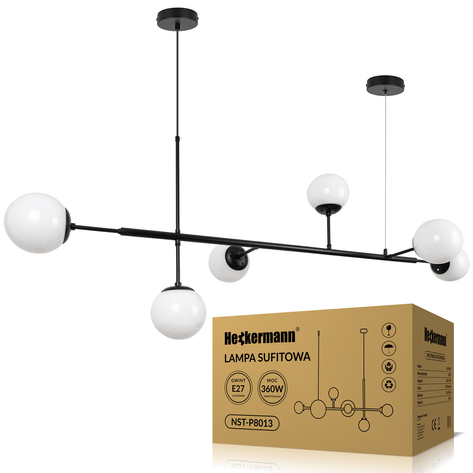 Na obrazie widoczna jest lampa sufitowa z kilkoma białymi kloszami na czarnych ramionach oraz pudełko z napisem \'Heckermann LAMPA SUFITOWA NST-P8013\'.