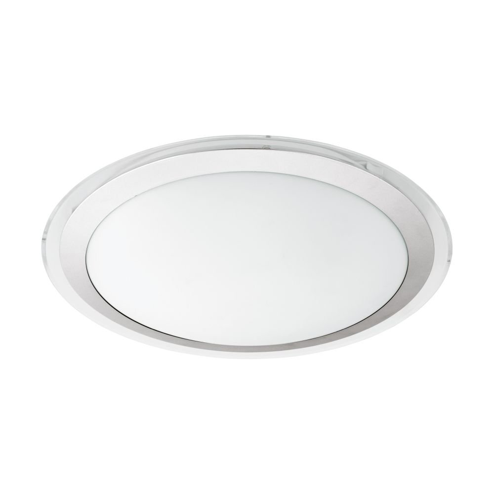 Na obrazie widoczny jest okrągły plafon LED z białym kloszem i srebrnym obramowaniem. Lampa ma nowoczesny design.