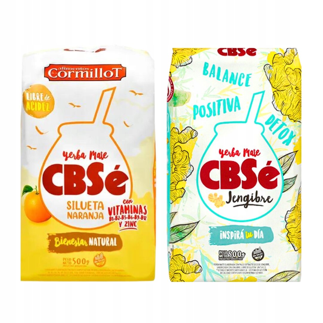 Dwa opakowania Yerba Mate CBSe: jedno z napisem \'Silueta Naranja\' i grafiką pomarańczy, drugie z napisem \'Jengibre\' i motywem kwiatowym. Oba opakowania mają pojemność 500g.