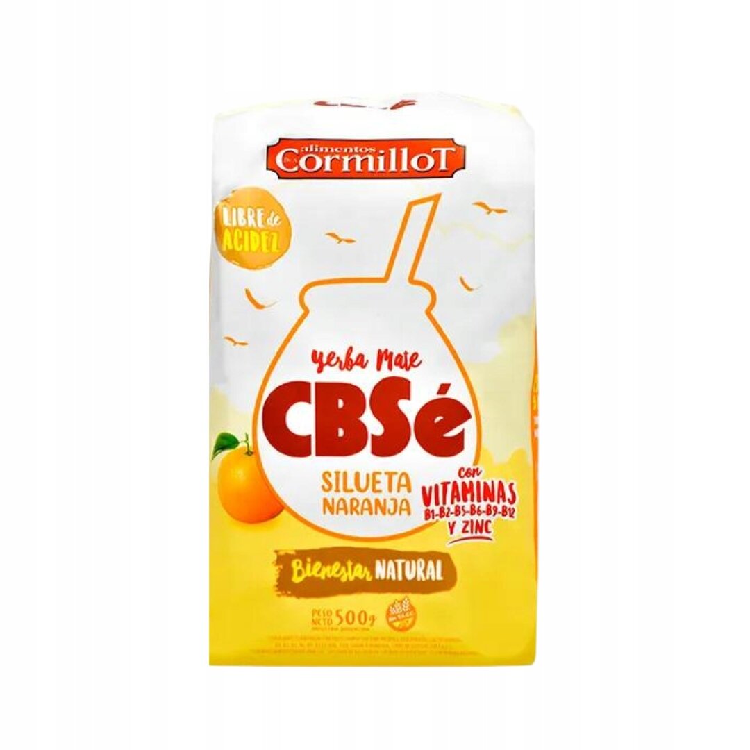 Opakowanie yerba mate CBSe Silueta Naranja z napisem \'Libre de Acidez\' i \'Bienestar Natural\'. Widoczne są pomarańcze oraz informacje o witaminach B1, B2, B5, B6, B9, B12 i cynku.