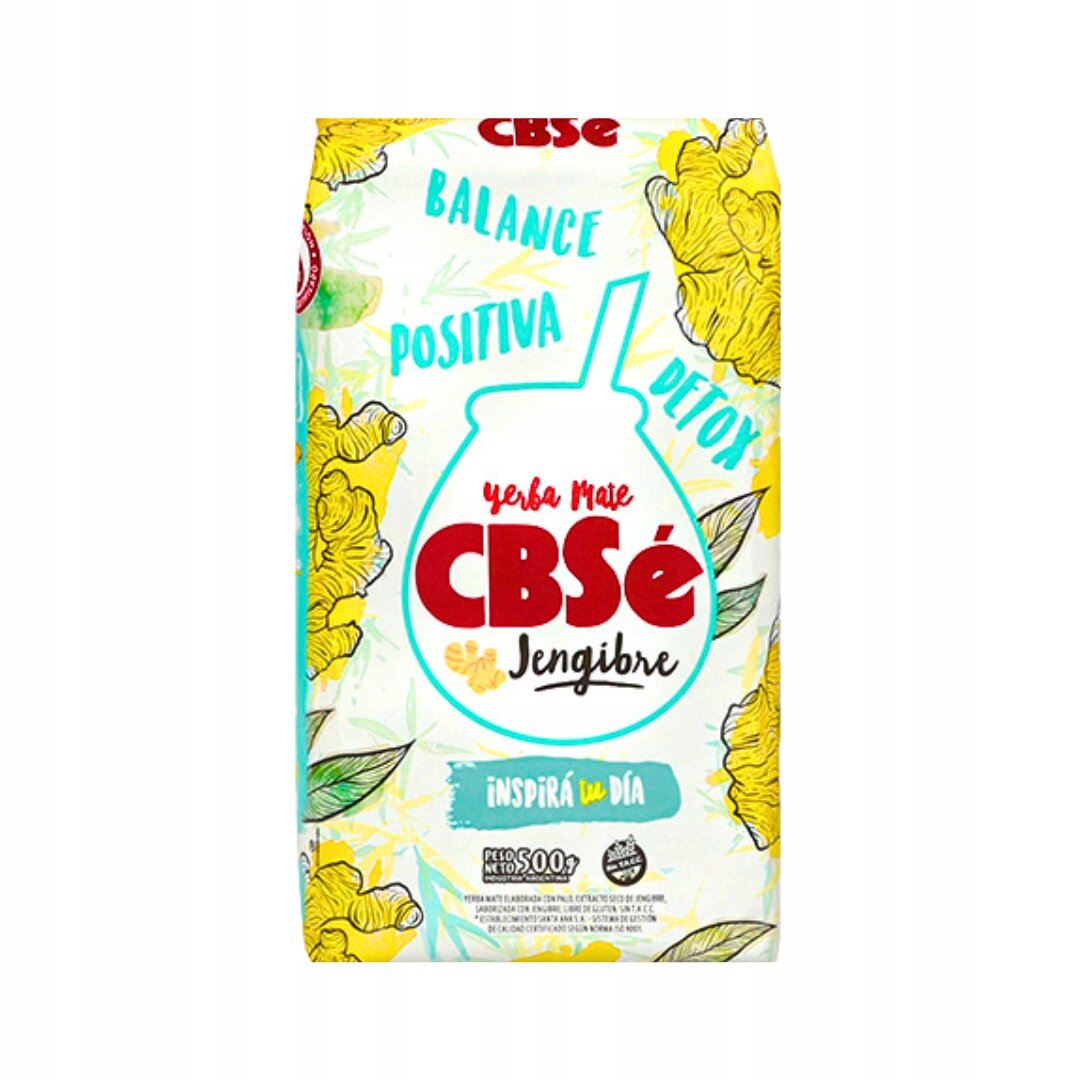 Opakowanie yerba mate CBSe Jengibre z kolorowymi napisami: \'BALANCE\', \'POSITIVA\', \'DETOX\'. Widoczne są żółte kwiaty i liście, a na dole napis \'INSPIRA tu DIA\'.