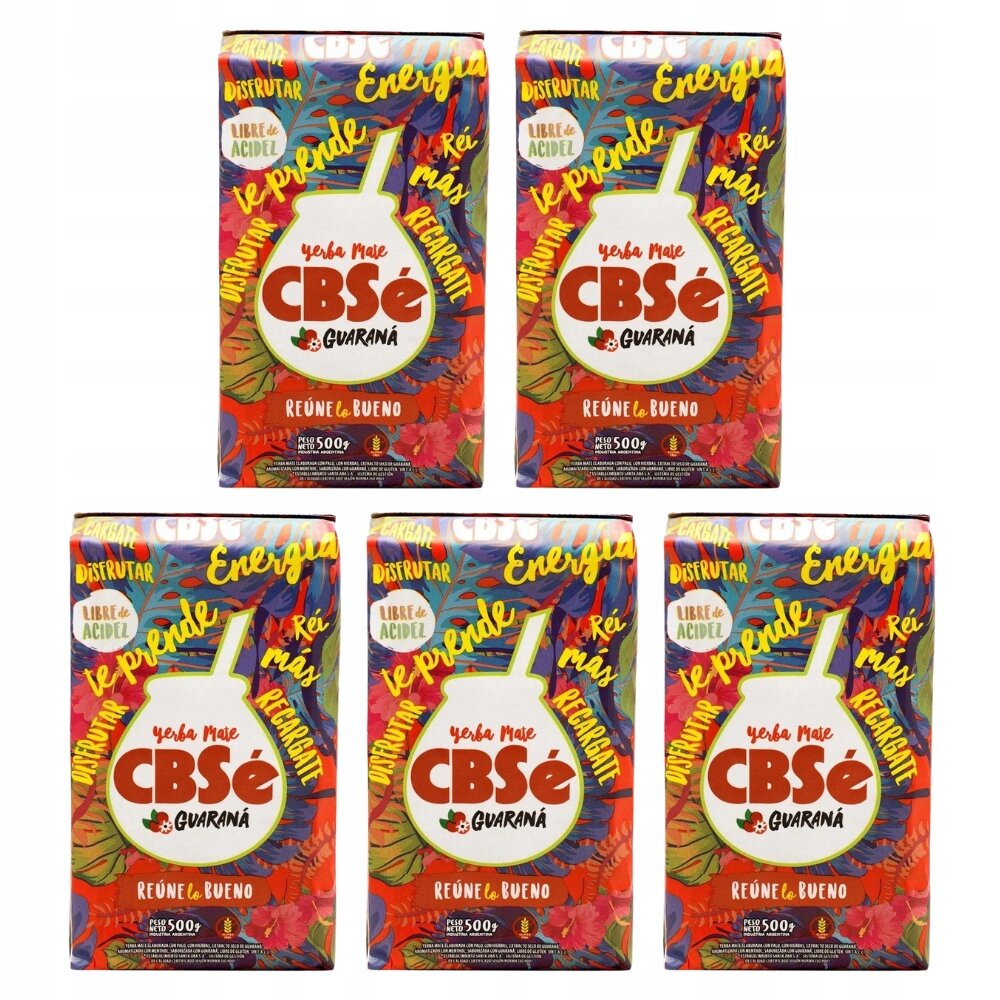 Na obrazie widoczne są pięć opakowań produktu Yerba Mate CBSe Guarana, każde o pojemności 500g. Opakowania mają kolorowy design z napisem \'CBSe Guaraná\' oraz dodatkowymi hasłami jak \'Energía\' i \'Reúne lo Bueno\'.