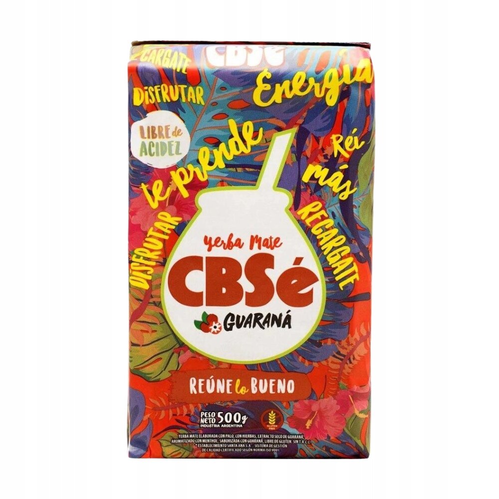 Opakowanie Yerba Mate CBSe Guaraná z kolorowym tłem i dużym napisem \'CBSe\' na środku. Widoczne są także napisy: \'Disfrutar\', \'Energía\', \'Libre de Acidez\', \'Reúne lo Bueno\', \'Peso Neto 500g\'.