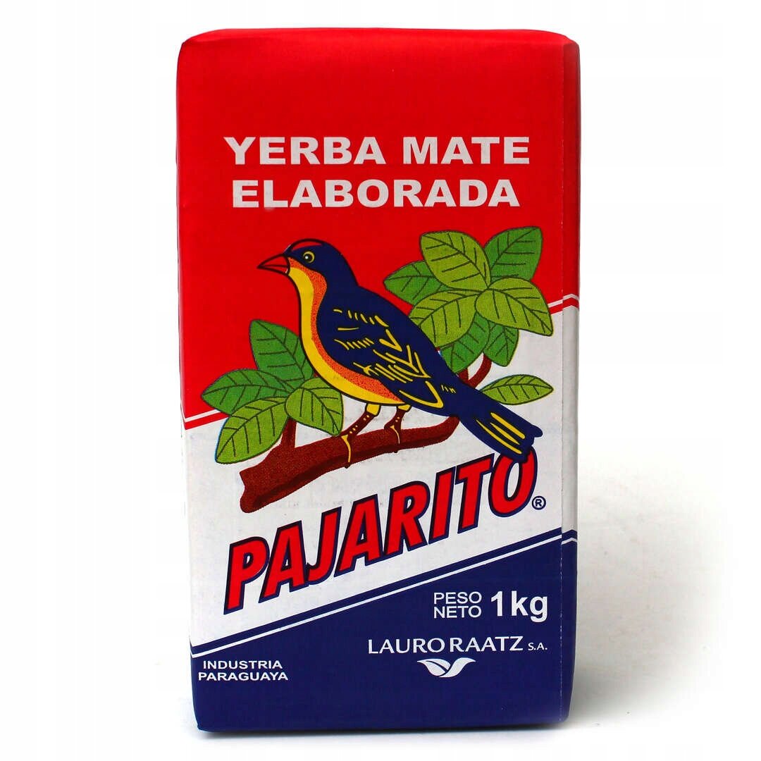 Opakowanie yerba mate z napisem \'YERBA MATE ELABORADA\' oraz \'PAJARITO\', przedstawiające ptaka na gałęzi z liśćmi. Na dole widnieje napis \'PESO NETO 1 kg\' oraz \'INDUSTRIA PARAGUAYA LAURO RAATZ S.A.\'.