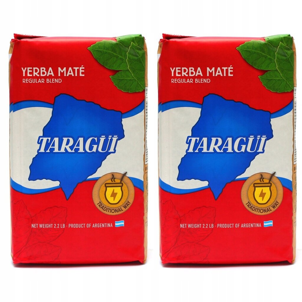 Dwa opakowania Yerba Mate Taragüi Regular Blend o wadze 2,2 lb każde, z czerwono-niebieskim wzorem i zielonymi liśćmi w górnym rogu. Na opakowaniach widnieje napis \'TARAGÜI\' oraz symbol \'Traditional Way\'.