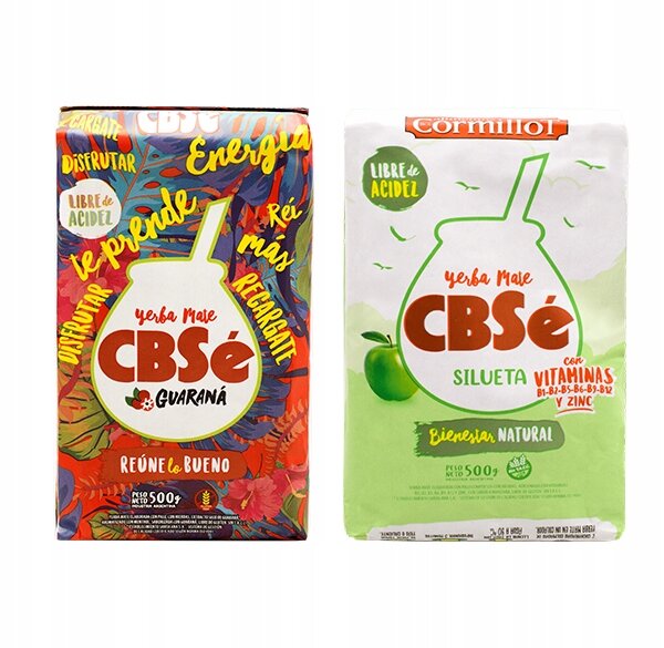 Na obrazie znajdują się dwa opakowania Yerba Mate CBSe. Pierwsze opakowanie jest kolorowe z napisem \'CBSe Guaraná\', a drugie jest zielono-białe z napisem \'CBSe Silueta con Vitaminas\'.