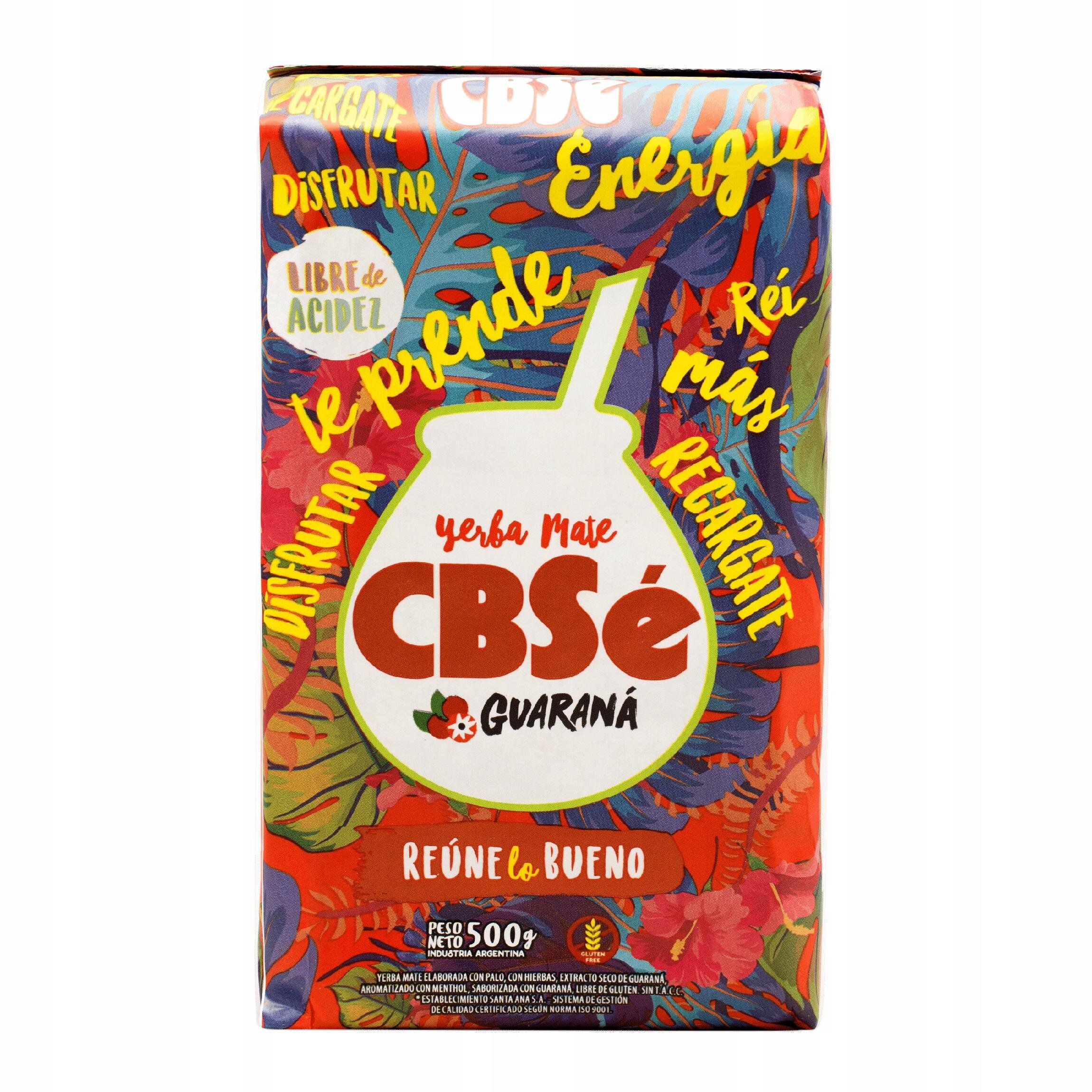 Opakowanie Yerba Mate CBSe Guaraná o wadze netto 500 g, ozdobione kolorowymi liśćmi i napisami takimi jak \'Energía\', \'Disfrutar\', \'Libre de Acidez\'.