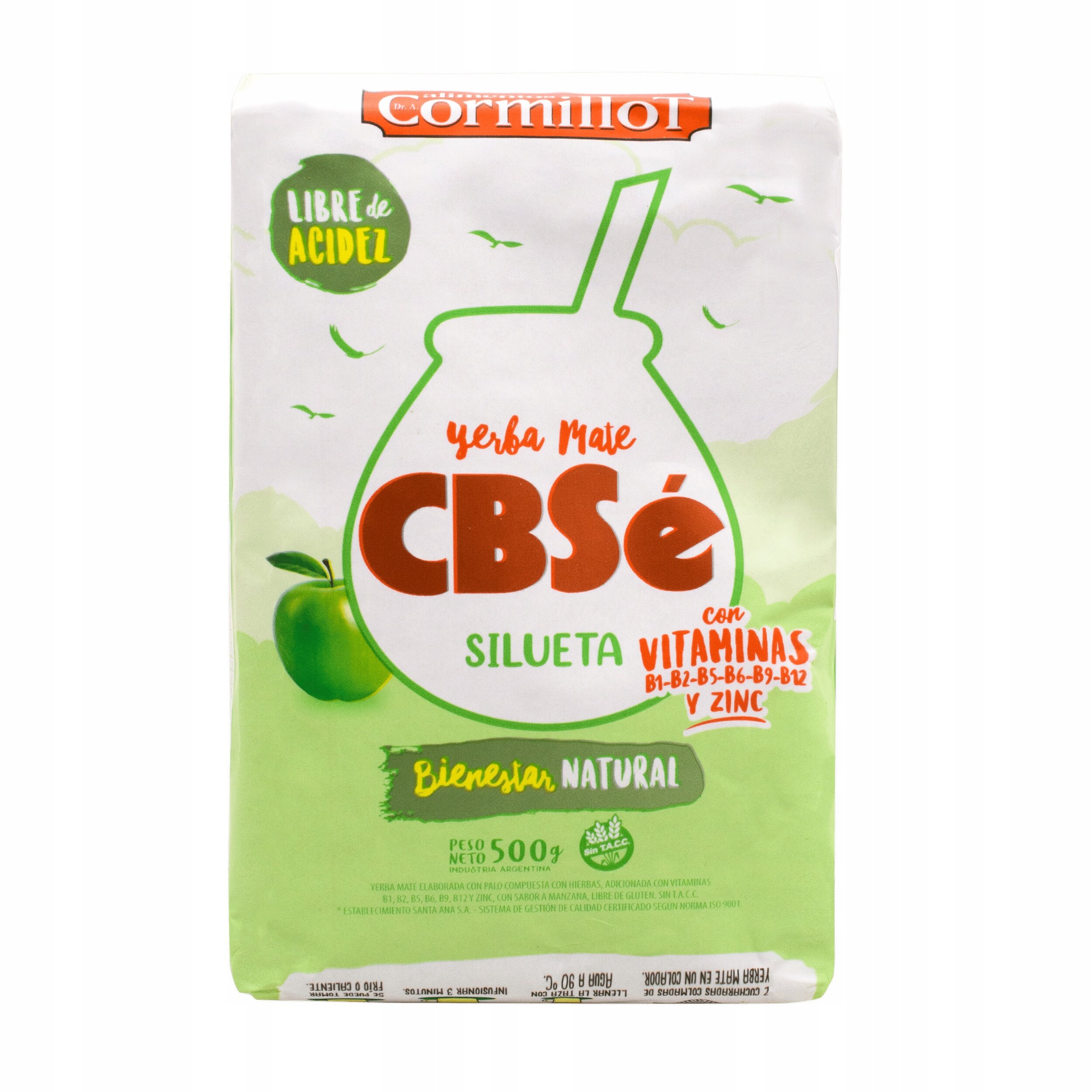 Opakowanie Yerba Mate CBSe Silueta z napisem \'Libre de Acidez\' i \'con Vitaminas B1-B2-B5-B6-B9-B12 y Zinc\'.