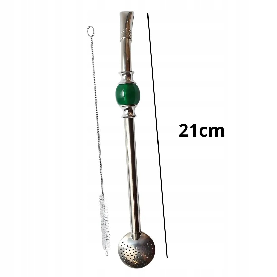 Na obrazie widoczna jest metalowa bombilla z zielonym elementem oraz szczoteczka do czyszczenia. Obok bombilli znajduje się napis \'21cm\'.