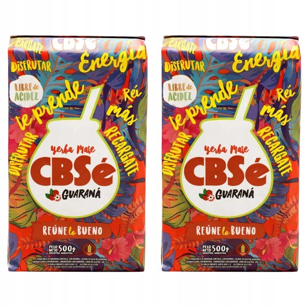 Dwa opakowania Yerba Mate CBSe Guarana o pojemności 500g każde, z kolorową grafiką liści i napisami: \'Energía\', \'Disfrutar\', \'Libre de Acidez\', \'te prende\', \'Reí más\', \'Recargate\', \'Reúne lo Bueno\'.