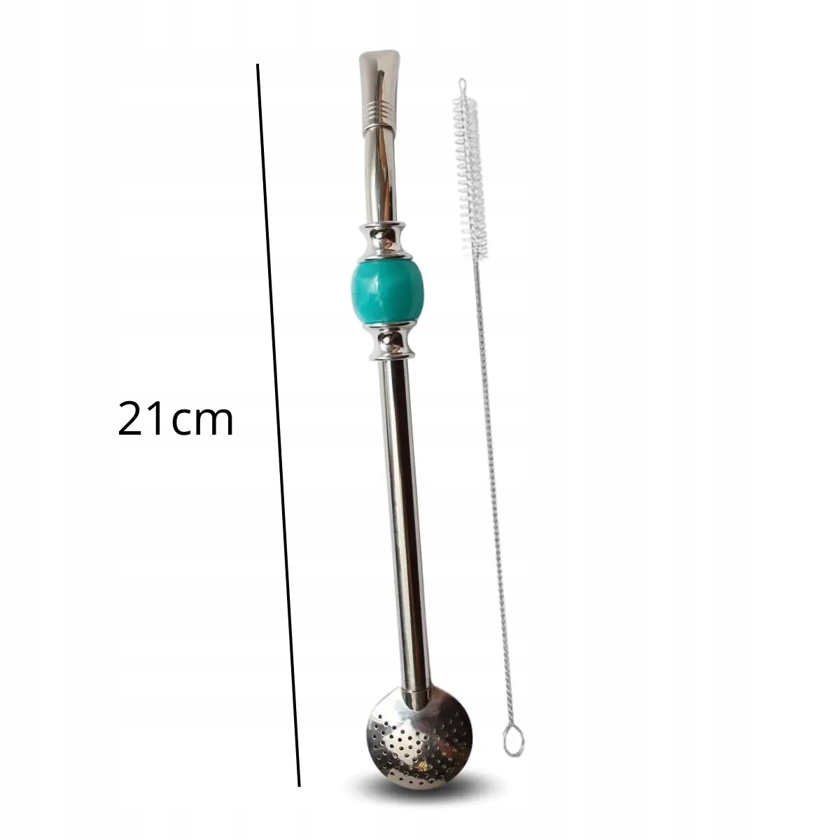 Na obrazie widoczna jest metalowa bombilla z turkusowym elementem oraz szczoteczka do czyszczenia. Obok bombilli znajduje się oznaczenie długości \'21cm\'.