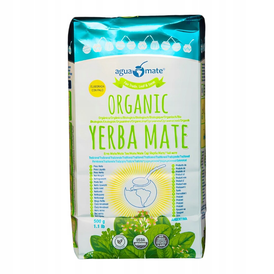 Opakowanie Yerba Mate Aguamate BIO z napisem \'ORGANIC YERBA MATE\' oraz logo \'agua mate\'. Na dole widoczne są symbole certyfikatów \'USDA ORGANIC\' i \'AIR DRIED SECADO A AIRE\'.