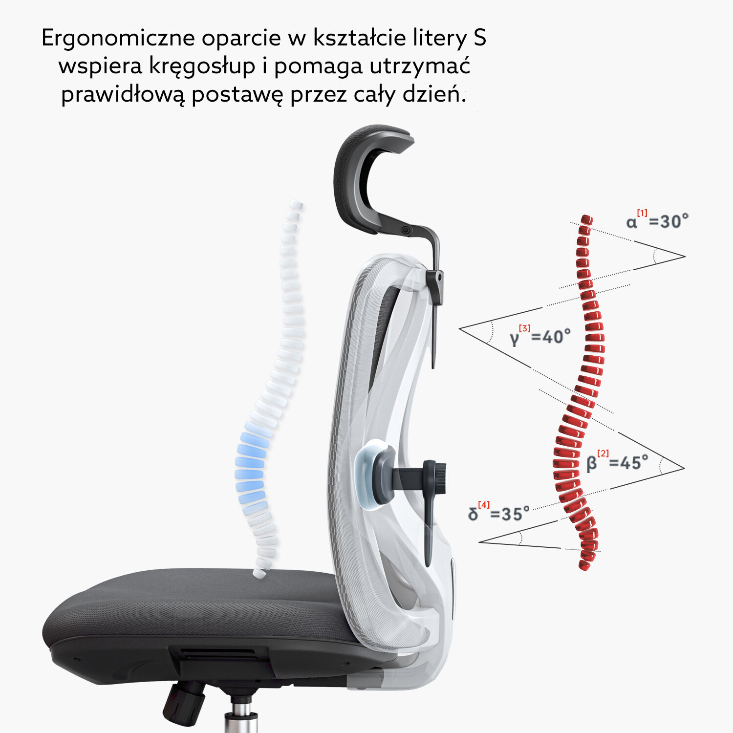 Obraz przedstawia ergonomiczne oparcie fotela w kształcie litery S z opisem: \'Ergonomiczne oparcie w kształcie litery S wspiera kręgosłup i pomaga utrzymać prawidłową postawę przez cały dzień.\' Obok oparcia znajdują się schematyczne oznaczenia kątów: α=30°, β=45°, γ=40°, δ=35°.