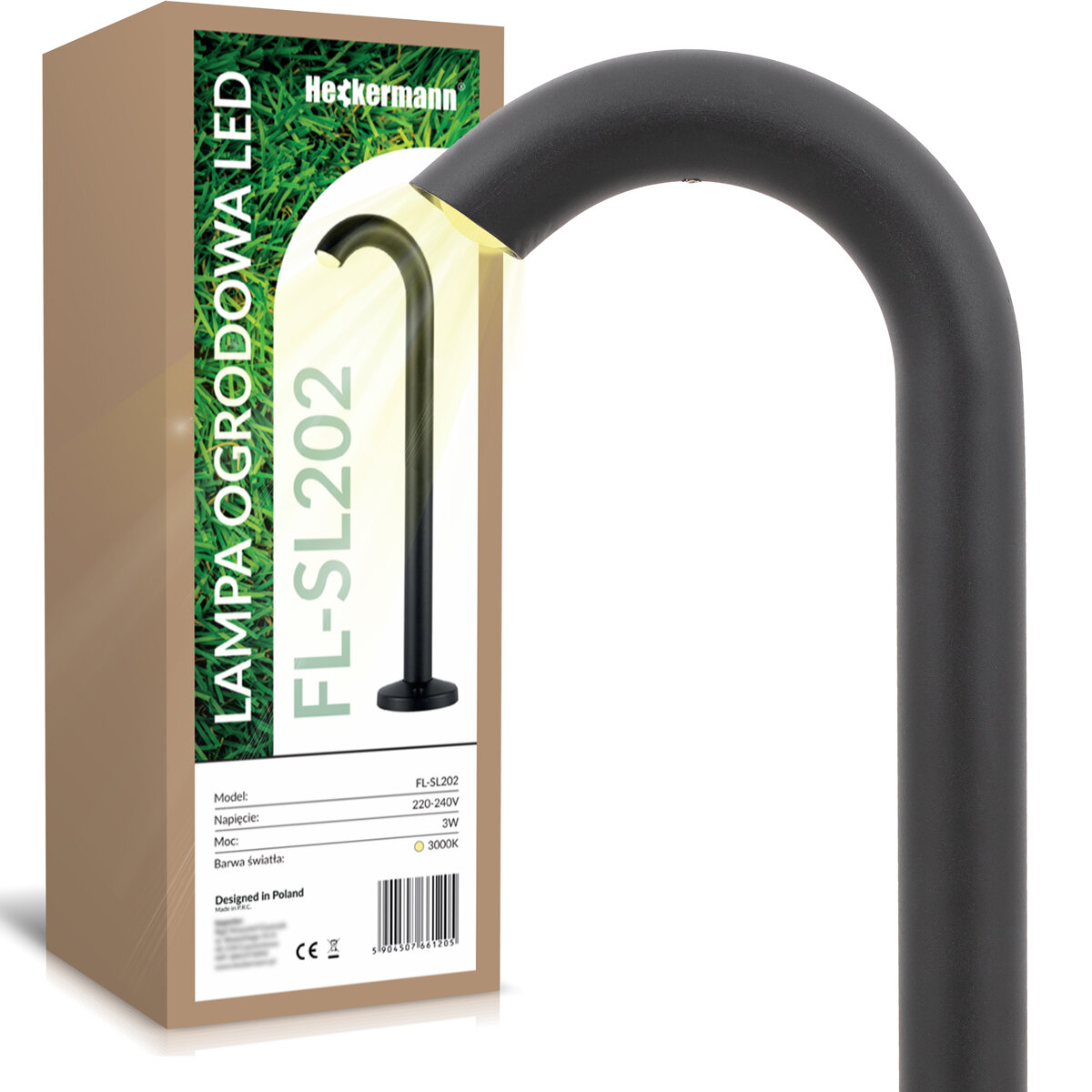 Obraz przedstawia zewnętrzną lampę LED o nazwie Heckermann FL-SL202, umieszczoną obok opakowania z napisem \'LAMPA OGRODOWA LED FL-SL202\'. Lampa ma zakrzywiony kształt i czarny kolor, a opakowanie zawiera specyfikacje techniczne, takie jak napięcie 220-240V, moc 3W i barwa światła 3000K.