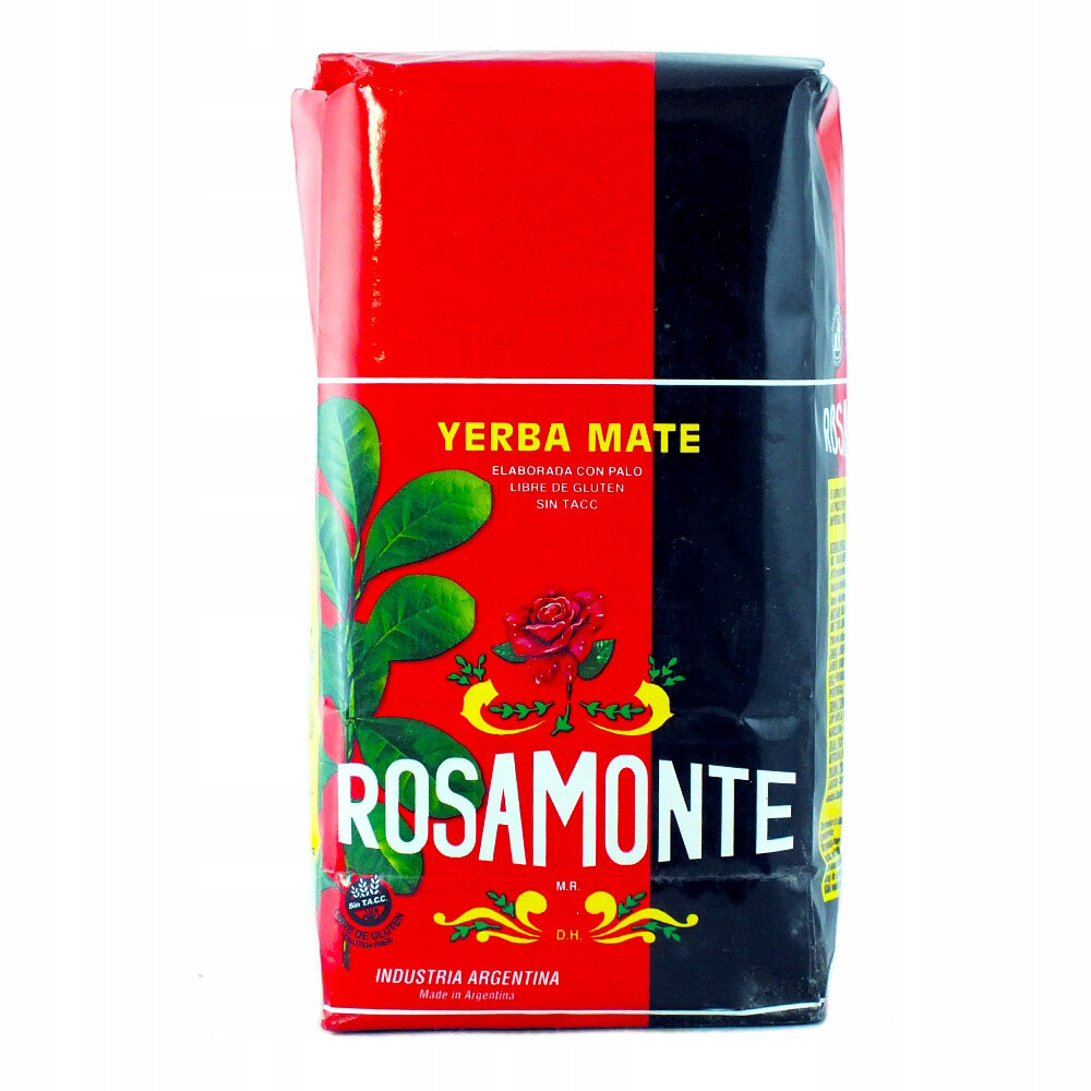 Opakowanie Yerba Mate Rosamonte w kolorach czerwonym i czarnym z zielonymi liśćmi oraz czerwoną różą. Widoczny tekst: \'YERBA MATE\', \'ELABORADA CON PALO\', \'LIBRE DE GLUTEN\', \'SIN TACC\', \'ROSAMONTE\', \'INDUSTRIA ARGENTINA\'.