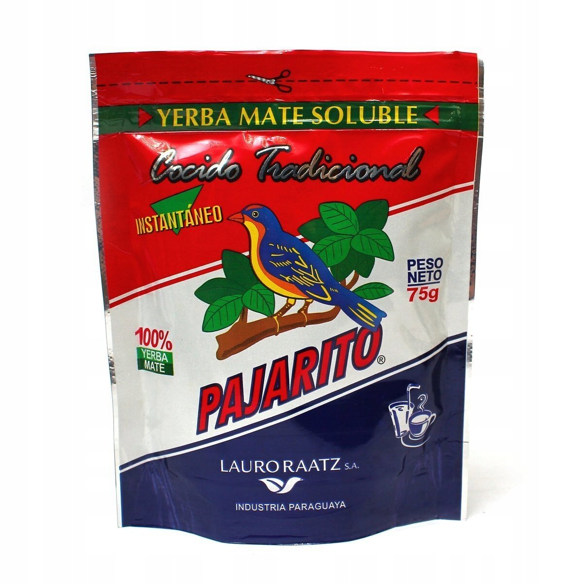 Opakowanie Yerba Mate Soluble Pajarito z kolorowym ptakiem na gałęzi, z napisem \'Cocido Tradicional Instantáneo\' oraz \'Peso Neto 75g\'. Widoczne logo \'Lauro Raatz S.A. Industria Paraguaya\'.