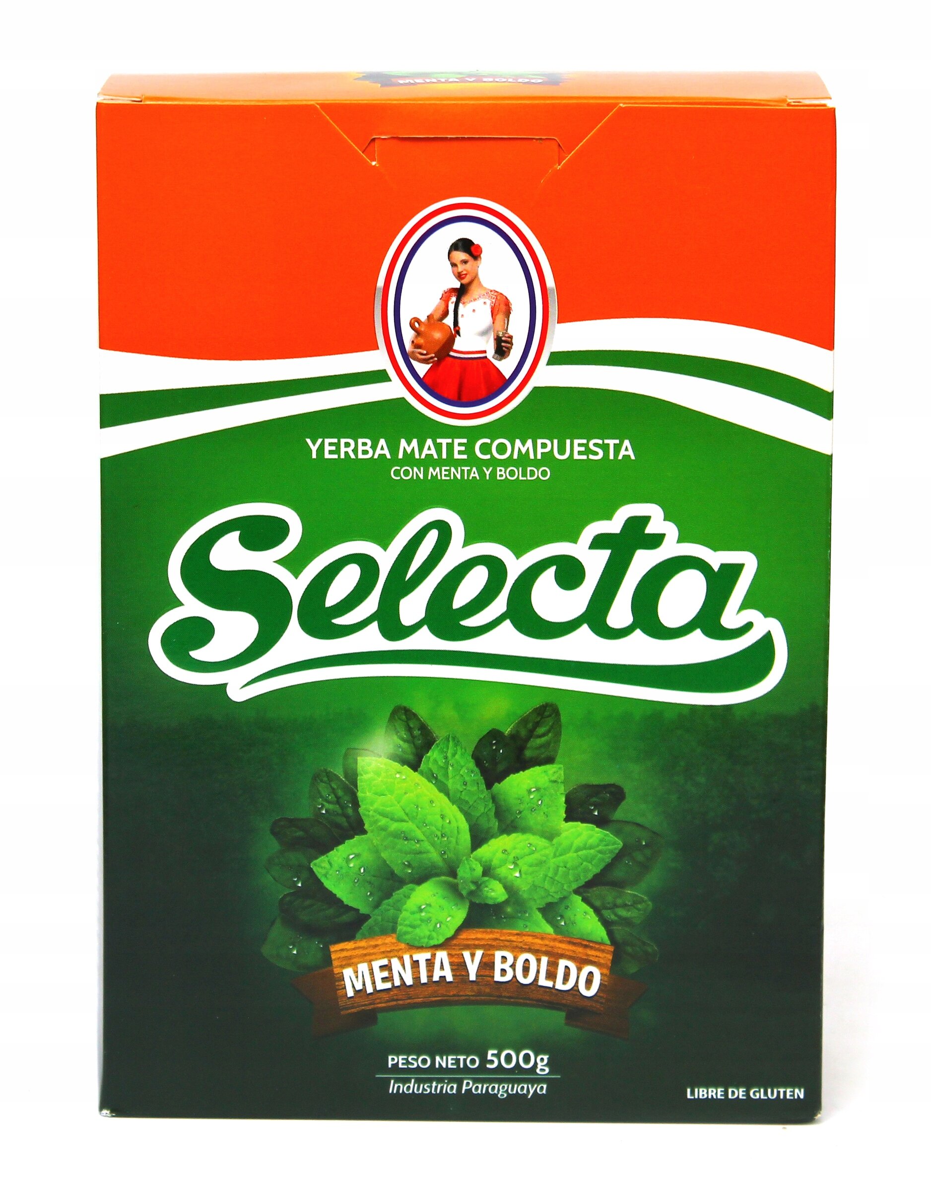 Opakowanie Yerba Mate Compuesta z napisem \'Selecta\' na zielonym tle, z grafiką liści mięty i boldo. Widoczny tekst: \'YERBA MATE COMPUESTA CON MENTA Y BOLDO\', \'MENTA Y BOLDO\', \'PESO NETO 500g\', \'Industria Paraguaya\', \'LIBRE DE GLUTEN\'.