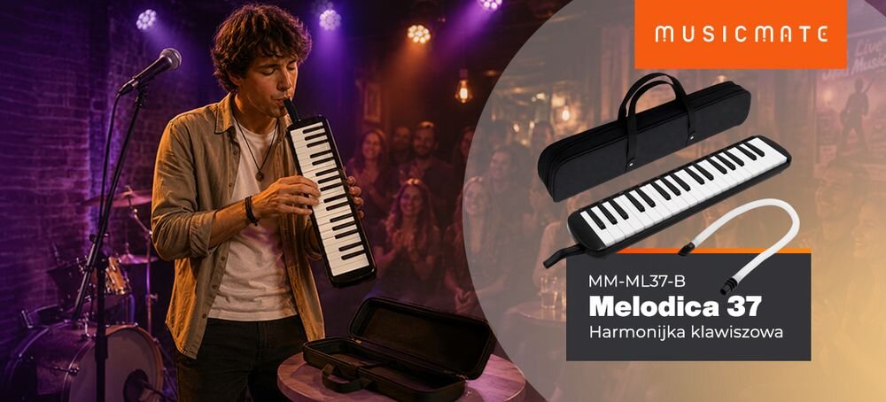 Harmonijka klawiszowa MUSICMATE MM-ML37-B Melodica 37 instrument muzyczny z rozszerzoną klawiaturą, osoba grająca na harmonijce