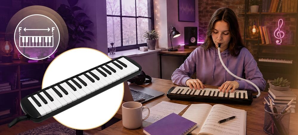 Harmonijka klawiszowa MUSICMATE MM-ML37-B Melodica 37 37 klawiszy skala F-F etui z uchwytem, osoba grająca na harmonijce