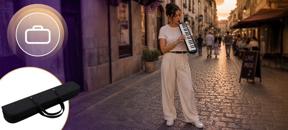 Harmonijka klawiszowa MUSICMATE MM-ML37-B Melodica 37 krótki ustnik elastyczna rurka 58,4 cm, osoba grająca na harmonijce