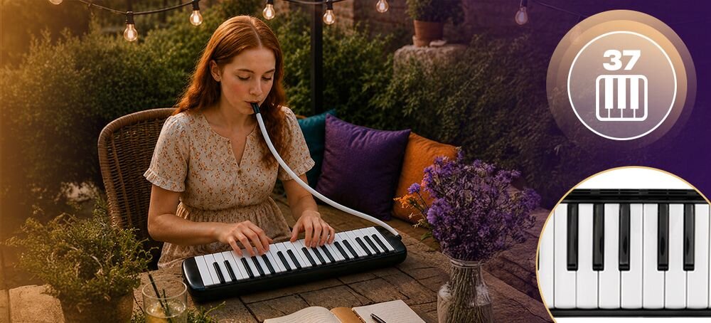 Harmonijka klawiszowa MUSICMATE MM-ML37-B Melodica 37 etui z uchwytem kompaktowe wymiary czyste brzmienie, osoba grająca na harmonijce