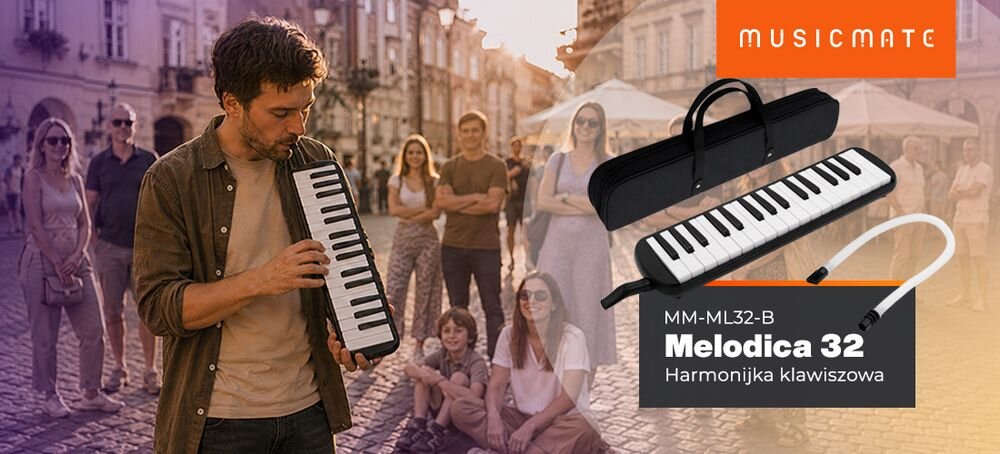 Harmonijka klawiszowa MUSICMATE MM-ML32-B Melodica 32 instrument do nauki gry lekka konstrukcja, osoba grająca na harmonijce