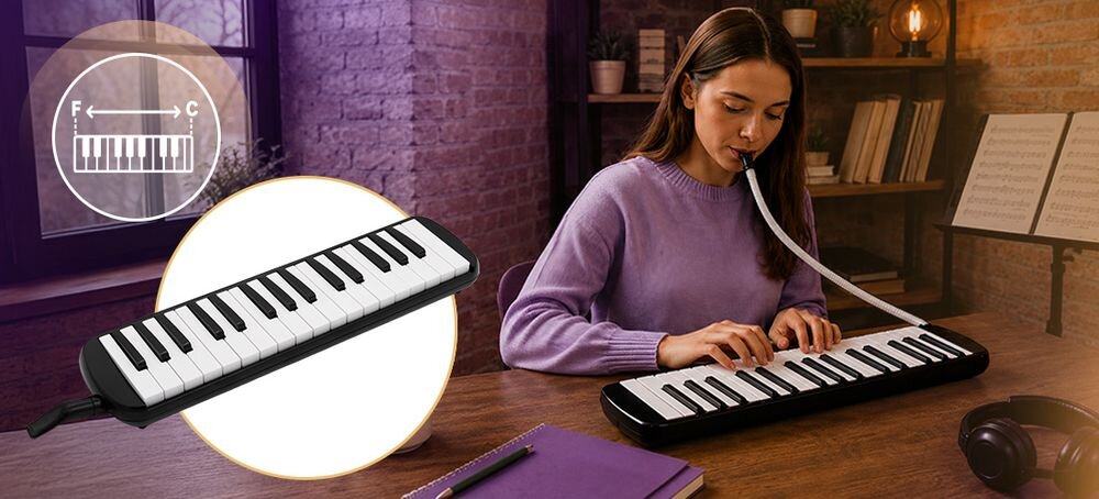 Harmonijka klawiszowa MUSICMATE MM-ML32-B Melodica 32 32 klawisze zakres F-C ustnik rurka pokrowiec, osoba grająca na harmonijce