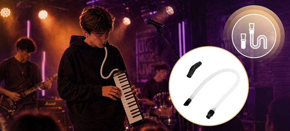 Harmonijka klawiszowa MUSICMATE MM-ML32-B Melodica 32 precyzyjna klawiatura zakres F-C nauka gry, osoba grająca na harmonijce