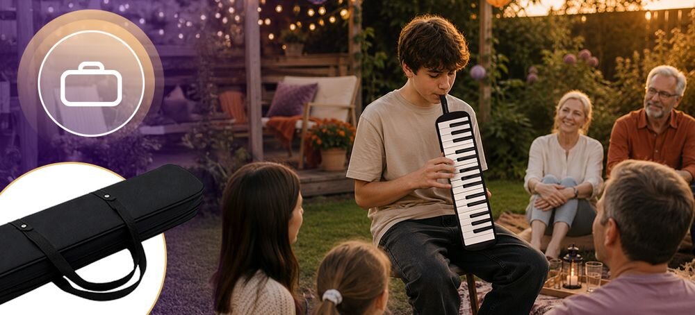 Harmonijka klawiszowa MUSICMATE MM-ML32-B Melodica 32 ergonomiczny ustnik elastyczna rurka wygodna gra, osoba grająca na harmonijce