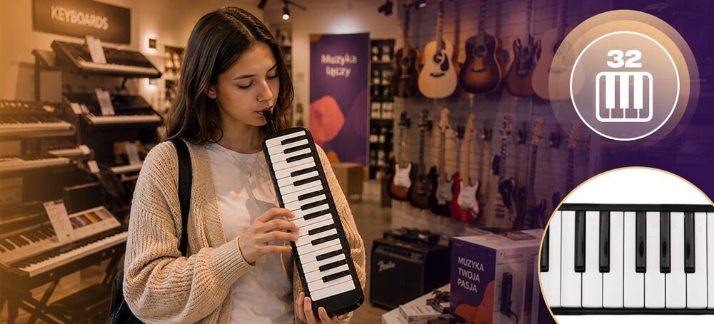 Harmonijka klawiszowa MUSICMATE MM-ML32-B Melodica 32 pokrowiec transportowy lekka konstrukcja wymiary, osoba grająca na harmonijce