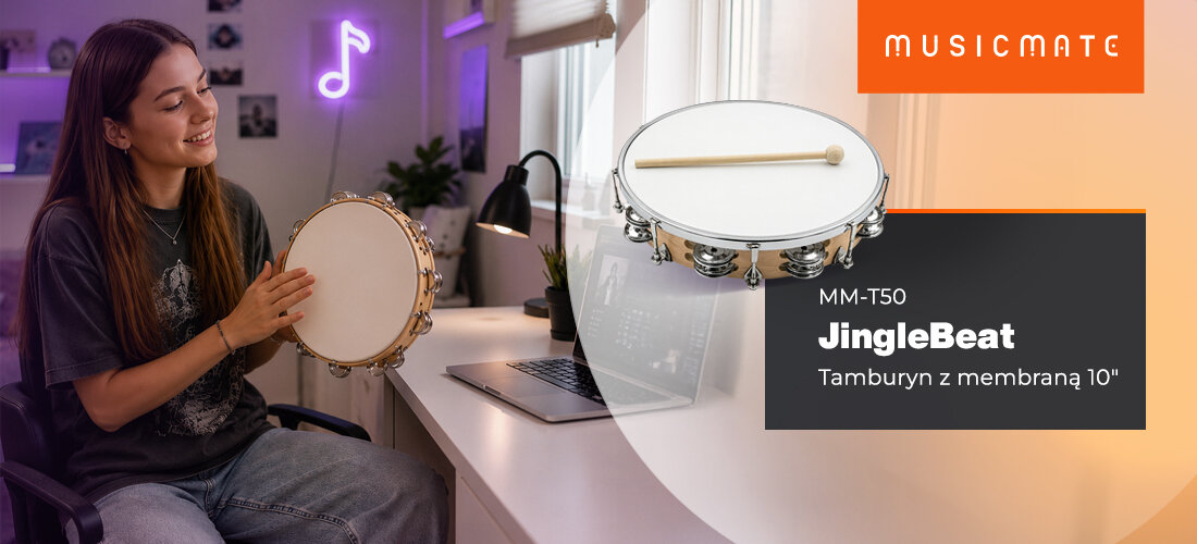 Tamburyn MUSICMATE MM-T50 JingleBeat instrument rytmiczny z membraną 10 cali, osoba z tamburynem w ręku