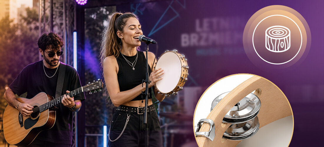 Tamburyn MUSICMATE MM-T50 JingleBeat membrana 10 cali i metalowe talerzyki do rytmu, osoba z tamburynem w ręku na scenie