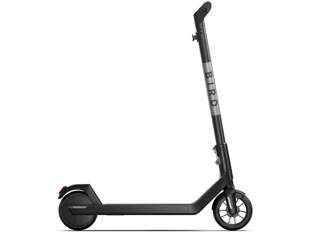 Czarna hulajnoga elektryczna z napisem \'BIRD\' na pionowej części kierownicy. Posiada duże koła i minimalistyczny design.