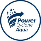 Ikona w kształcie okręgu z niebieskim obramowaniem, wewnątrz której znajduje się napis \'Power Cyclone Aqua\' oraz symbol strzałki i kropli wody.