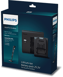 Opakowanie z napisem \'PHILIPS AquaTrio Cordless\' oraz \'Lithium-Ion Battery pack 25.2V\'. Widoczne są ilustracje baterii i odkurzacza.