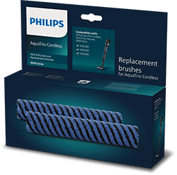 Opakowanie z napisem \'PHILIPS AquaTrio Cordless\' oraz \'Replacement brushes for AquaTrio Cordless\'. Widoczne są dwie niebieskie szczotki z ciemnymi paskami.