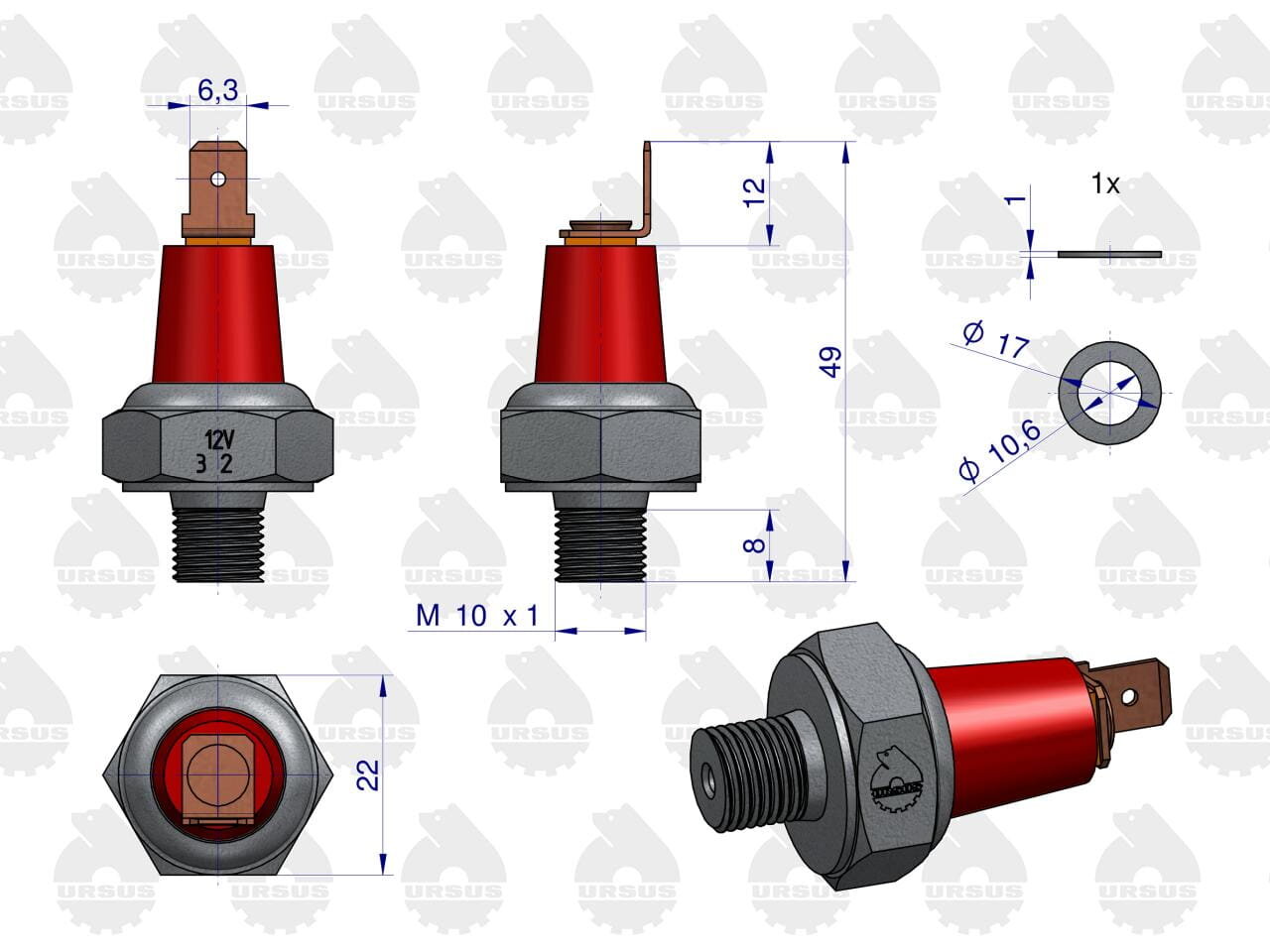 Obraz przedstawia czujnik ciśnienia oleju z różnymi wymiarami technicznymi. Widoczne są oznaczenia: \'12V 3 2\', \'M 10 x 1\', oraz logo Ursus.