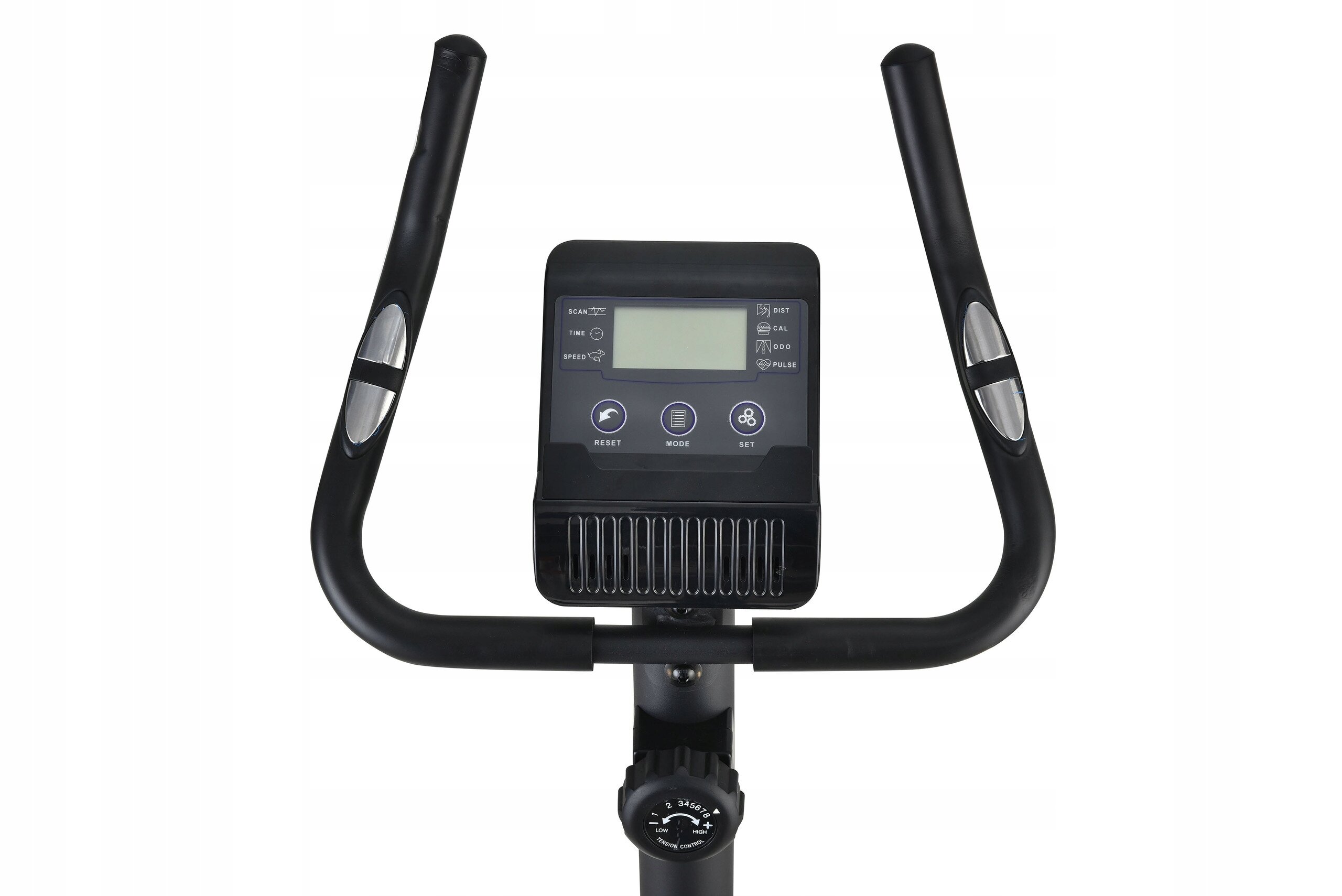 Kierownica rowerka treningowego z wbudowanym panelem sterowania i wyświetlaczem LCD. Na panelu widoczne są przyciski z oznaczeniami: \'RESET\', \'MODE\', \'SET\'.